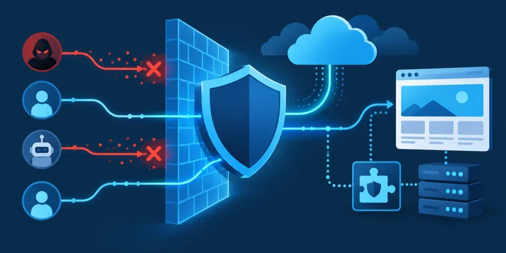 Ilustración: Firewall para WordPress: Cloudflare WAF y plugins de seguridad